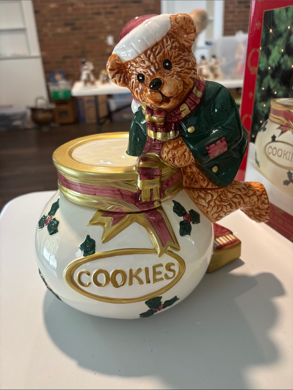 Hand-Painted Bear Cookie Jar - White & Green Holiday Design